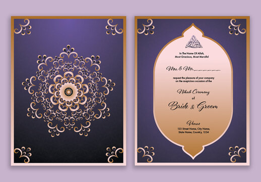 Arabesque Wedding Invitation Cards in Purple and Golden Color.