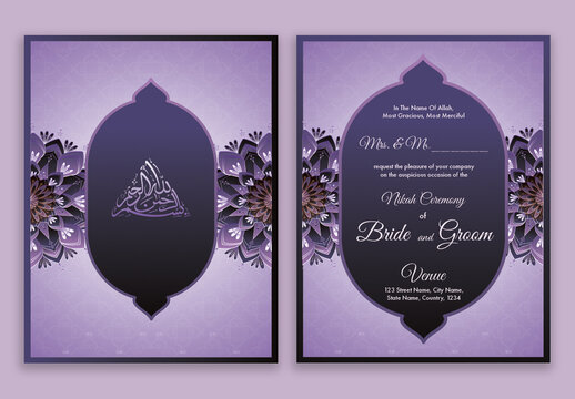 Beautiful Islamic Wedding Invitation Cards with Mandala Pattern in Front and Back Look.