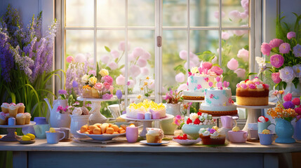 Easter table with flowers, cakes and Easter eggs
