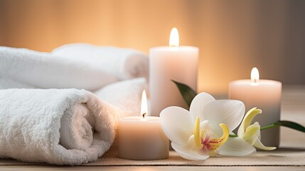 Obraz na płótnie Canvas Showcase the spa environment with attention to details like candles, soft towels, and soothing colors