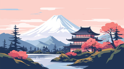  cartoon style illustration japanese house mountain landscape. Vector illustration  - obrazy, fototapety, plakaty
