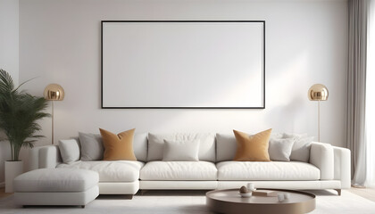 wall empty frame mockup and modern living room with sofa. Ai
