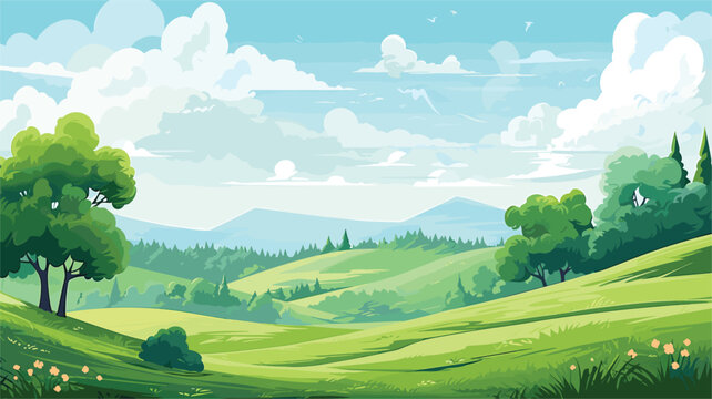  cartoon summer landscape with green hills trees. Vector illustration 