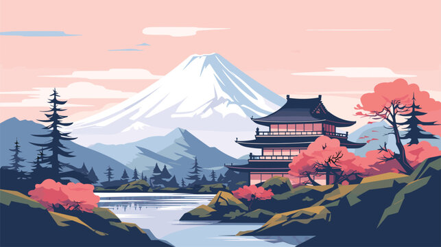 cartoon style illustration japanese house mountain landscape. Vector illustration 