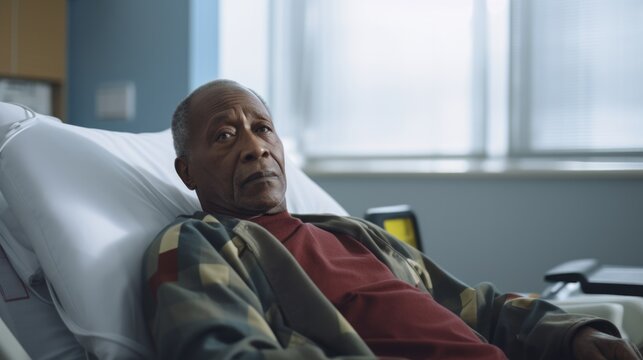 Senior african american man sitting in a hospital bed