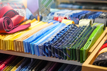 Ties of shade and colorful tones with strict design pattern are folded in row in the window of fashionable mens clothing store.