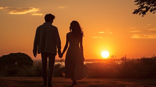 sunset and the couple walking hand in hand. Highlight the serenity of the scene and the affectionate moments between at beach