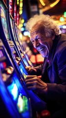 Senior men using slot machine to gamble 