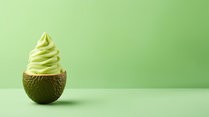 creative presentation of delicious avocado ice cream in a plate of half an avocado isolated on a pastel green background with copy space. healthy ice cream for proper nutrition