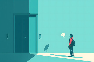 A minimalist scene of a person giving an elevator pitch, possibly with speech bubbles conveying key points, indicating self-promotion during interviews