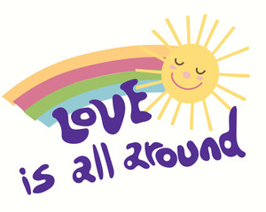 Sun and rainbow happy colorful print. vintage illustration. comic style.