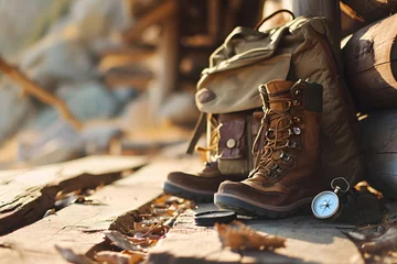 Fotobehang A shot of outdoor adventure gear, such as a backpack, hiking boots, and a compass, representing readiness for exploration © Asiri