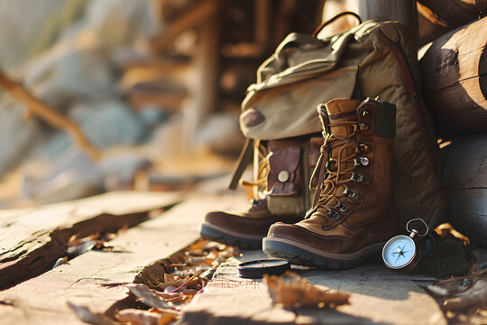 A shot of outdoor adventure gear, such as a backpack, hiking boots, and a compass, representing readiness for exploration