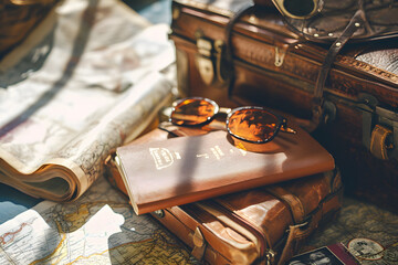 A neatly packed suitcase with travel essentials, like a passport, map, and sunglasses, showcasing readiness for a trip