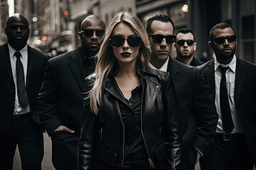 celebrity woman with bodyguards  - obrazy, fototapety, plakaty
