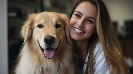 Beautiful Female Veterinarian Petting a Noble Golden Retriever dog
