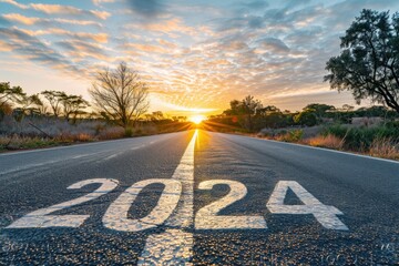 2024 new year concept written on the middle of road.