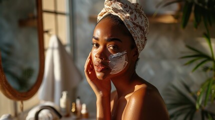 afro american female with headscarf applies cleanser or white cream in the bathroom - obrazy, fototapety, plakaty