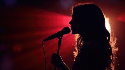 Silhouette girl musician singing mic in studio lights - obrazy, fototapety, plakaty