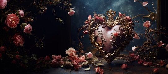 Valentines Day background. Dramatic still life scene with rich flowers - obrazy, fototapety, plakaty