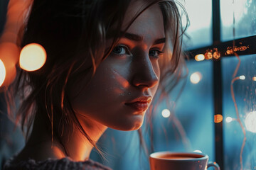 A Close-Up Portrait of a Girl Standing by a Window, Bathed in Natural Light, Savoring a Coffee – Capturing the Serenity of a Quiet Moment