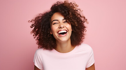 Happy wonderful young woman with long hair, excited funny woman. Isolated on pink background - obrazy, fototapety, plakaty