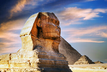 Landscape with Egyptian pyramids, Great Sphinx and silhouettes Ancient symbols and landmarks of...