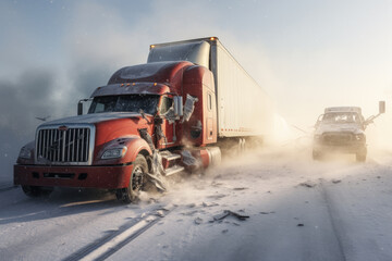 truck accident on the road at winter weather - obrazy, fototapety, plakaty