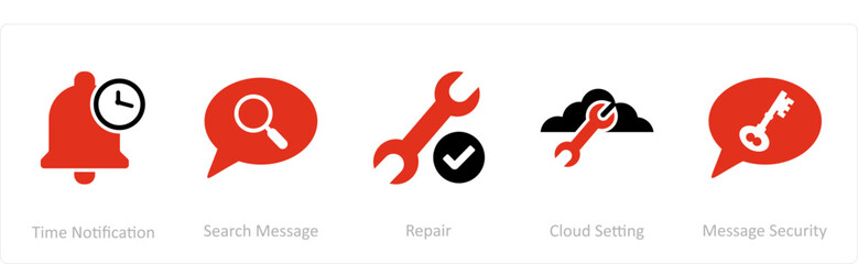 A set of 5 Contact icons as time notification, search message, repair