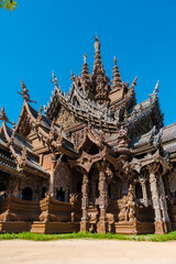 The Sanctuary of Truth wooden temple in Pattaya Thailand, a gigantic wooden temple construction located at the cape of Naklua Pattaya City Chonburi Thailand
