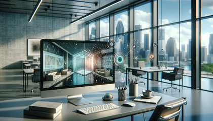 AI Computer Vision in Business: Sleek Office with Live Interface and Binary Code