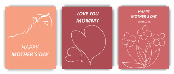 Design for Mother's Day. Set in modern art style with hand-drawn flowers and a woman's silhouette on a trendy peach background. Vector illustration.