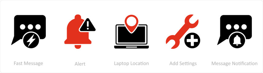 A set of 5 Contact icons as fast message, alert, laptop location
