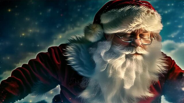 Santa Claus in red attire, floating in outer space, distributing gifts.
