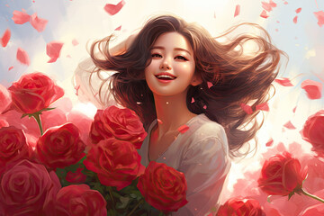 Woman with roses A young beautiful Korean woman bursts into exuberant joy from a gorgeous bouquet of roses on Valentine's Day 