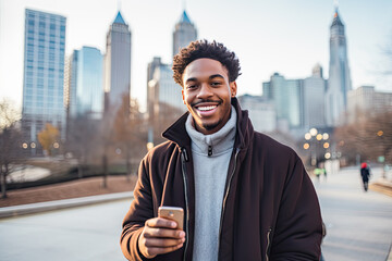 black man in the city with phone