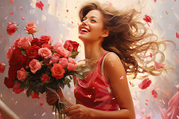 portrait of a woman. A young beautiful American woman bursts into exuberant joy at a gorgeous bouquet of roses.