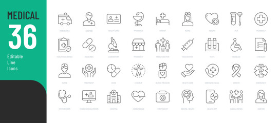 
Medical Line Editable Icons set. Vector illustration in modern thin line style of general medical icons: signs and symbols of medicine and pharmacology, hospital, doctor, tests, etc. Isolated on whit - obrazy, fototapety, plakaty