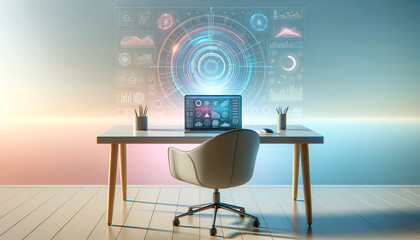 Modern workspace with minimalist desk, ergonomic chair, and AI-driven laptop displaying predictive analytics.