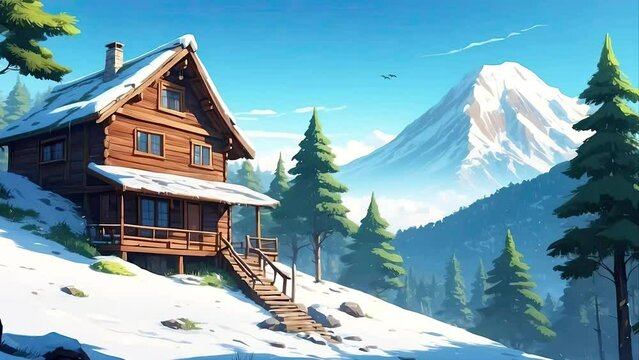 Winter scenery snow landscape log cabin in the forest, seamless animation video