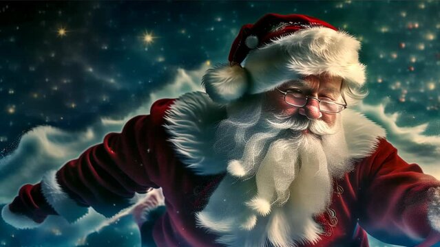 Santa Claus in red attire, floating in outer space, distributing gifts.
