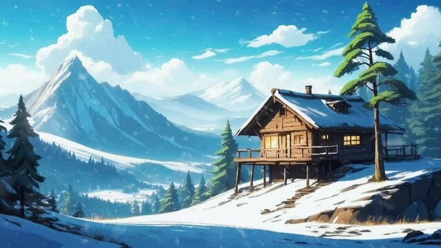 Winter scenery snow landscape snowfall with log cabin over the mountain