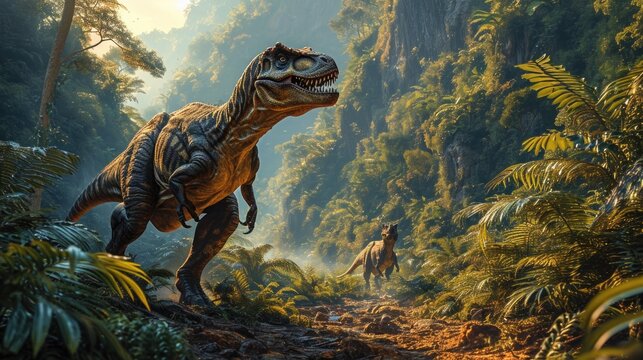 Velociraptors Dinosaur in a whimsical and colorful style. In natural habitat. Jurassic Park.