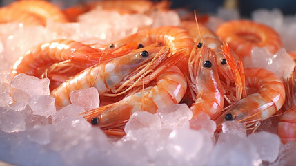 Freshly cooked shrimp & Prawn seafood displayed on ice.