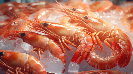 Freshly cooked shrimp & Prawn seafood displayed on ice.