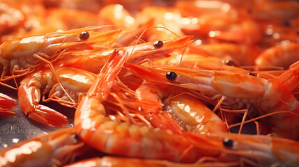 Freshly cooked shrimp & Prawn seafood displayed on ice.