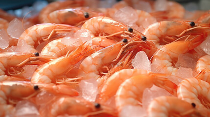 Freshly cooked shrimp & Prawn seafood displayed on ice.