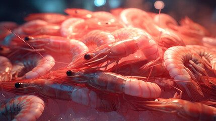 Freshly cooked shrimp & Prawn seafood displayed on ice.