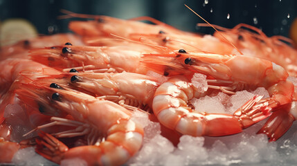 Freshly cooked shrimp & Prawn seafood displayed on ice.