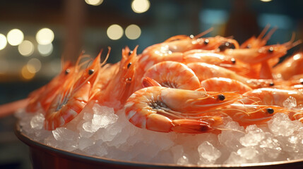 Freshly cooked shrimp & Prawn seafood displayed on ice.